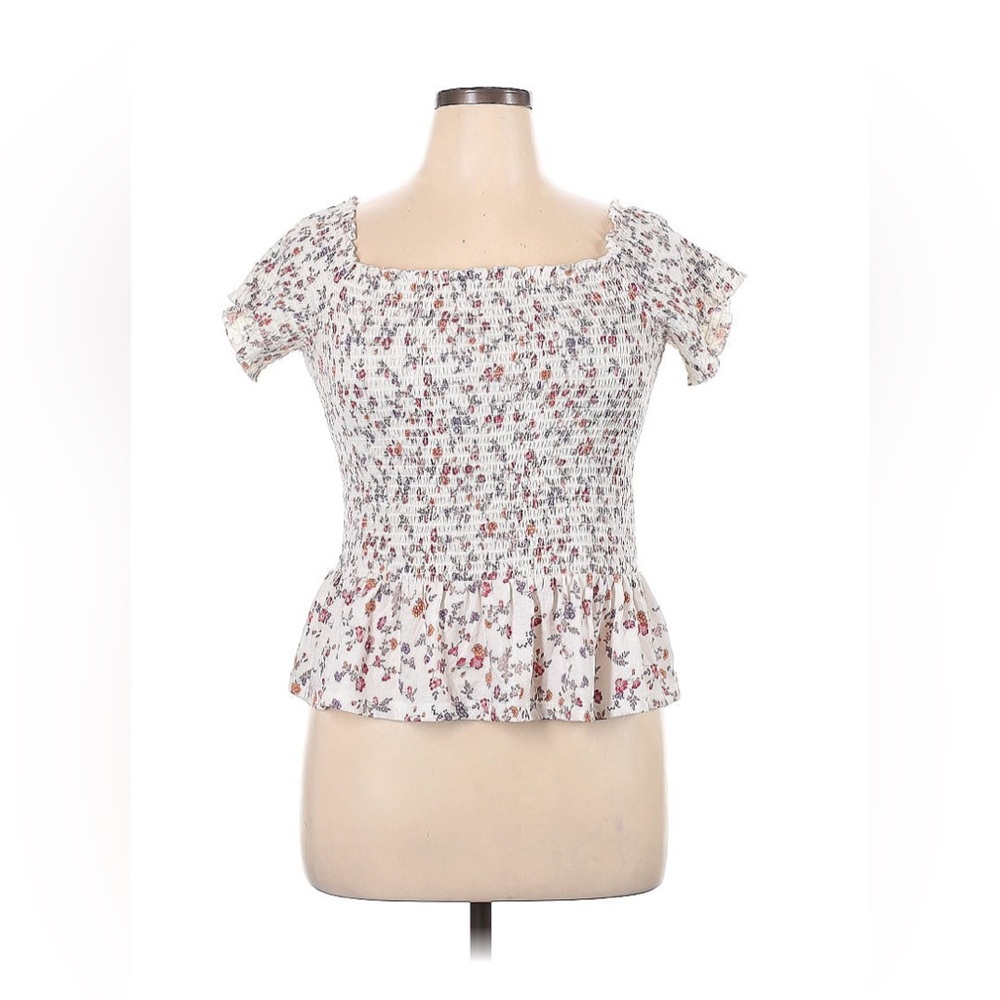 American Eagle Smocked Floral Off the Shoulder Top, White with Red Flowers, EUC!